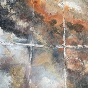 Ehemalige Saline, Acryl mit Spachtelmasse, Krakeliermedium und Sand, 40 x 50 cm, 2024