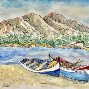 Boote in Tarrafal - Santiago, Reiseaquarell, 
14 x 20 cm, 2024