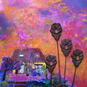 Blumen in Nachbars Garten, Acrylcollage mit Papier und Rostobjekten auf Hartfaser, 40 x 50 cm, 2025