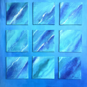 Jeden Tag ein neues Meer, Für S.,  9 Acrylminiaturen auf Hartfaser, 40 x 50 cm, 2025