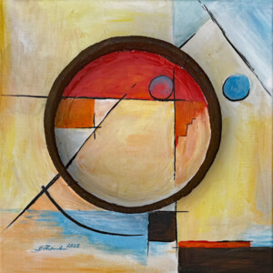 Rund und rostig, Acryl mit Rostobjekt auf Leinwand, 30 x 30 cm, 2025