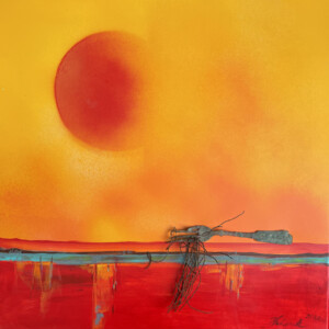 Gabelbissen, Acryl mit Rostobjekt auf Leinwand, 50 x 50 cm, 2026