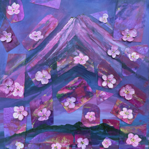 Sakura mit Fuji San, Acryl mit Objekten, 40 x 50 cm, 2026